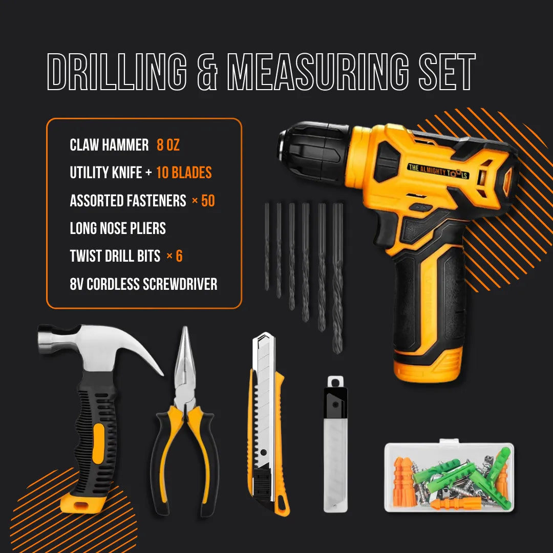 Drilling and measuring tool set with cordless screwdriver, hammer, pliers, knife, drill bits, fasteners.