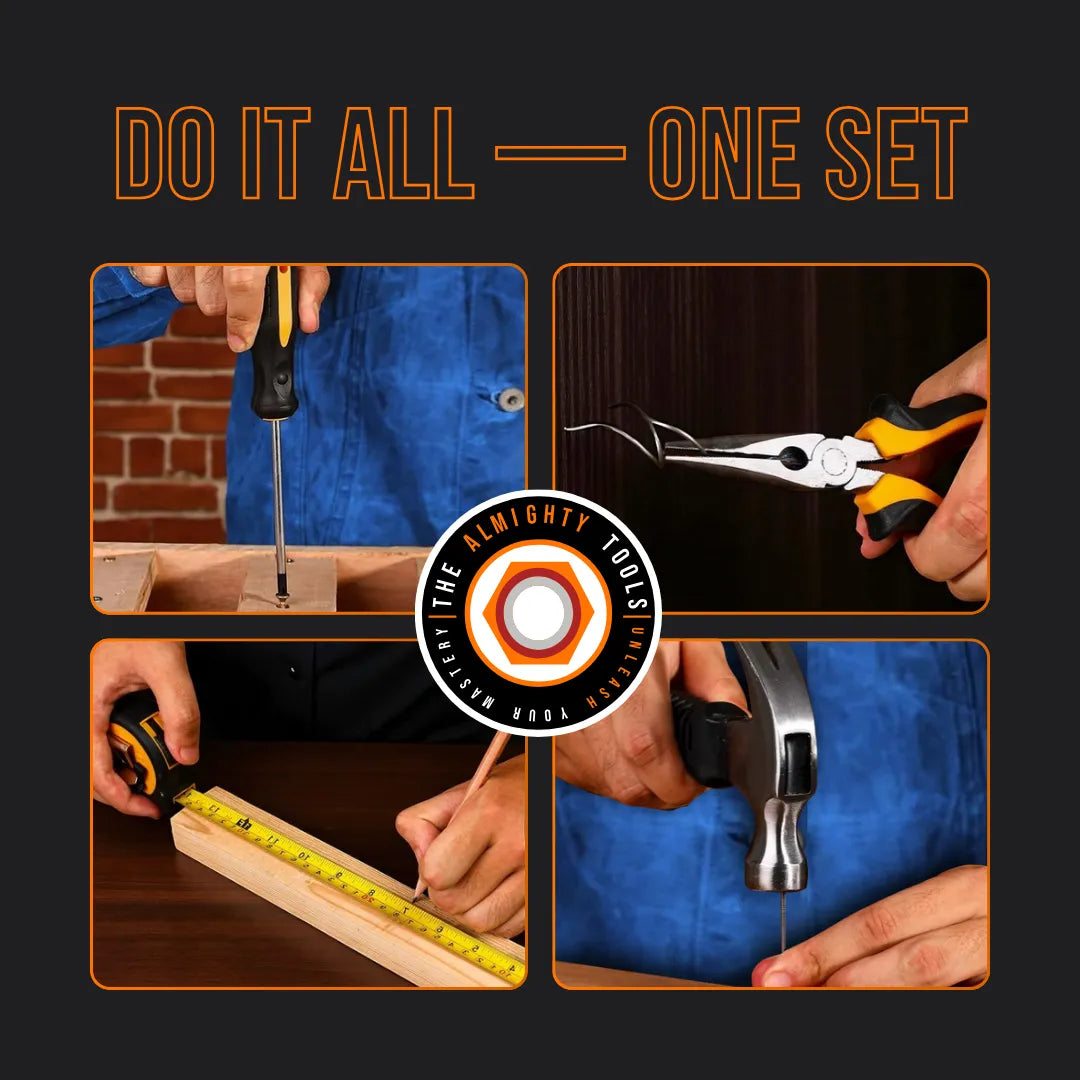 Multi-purpose hand tool set in use for measuring, screwing, gripping, and hammering tasks.
