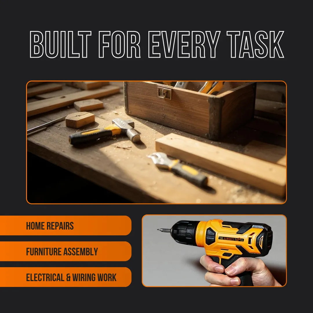 Yellow cordless drill and hand tools on workbench, text highlights home repairs, furniture assembly, electrical tasks