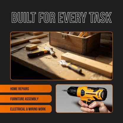 Yellow cordless drill and hand tools on workbench, text highlights home repairs, furniture assembly, electrical tasks