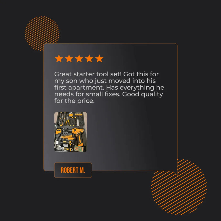 Five-star customer review for tool set with photo of yellow and black tools in a case.