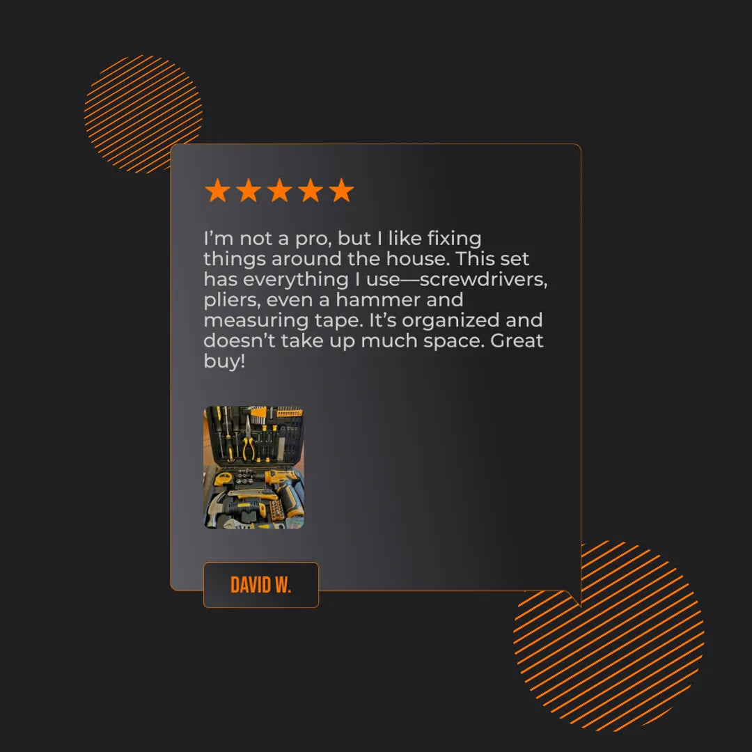Five-star customer review with an image of a yellow and black household tool kit.