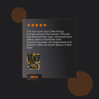 Five-star customer review with an image of a yellow and black household tool kit.