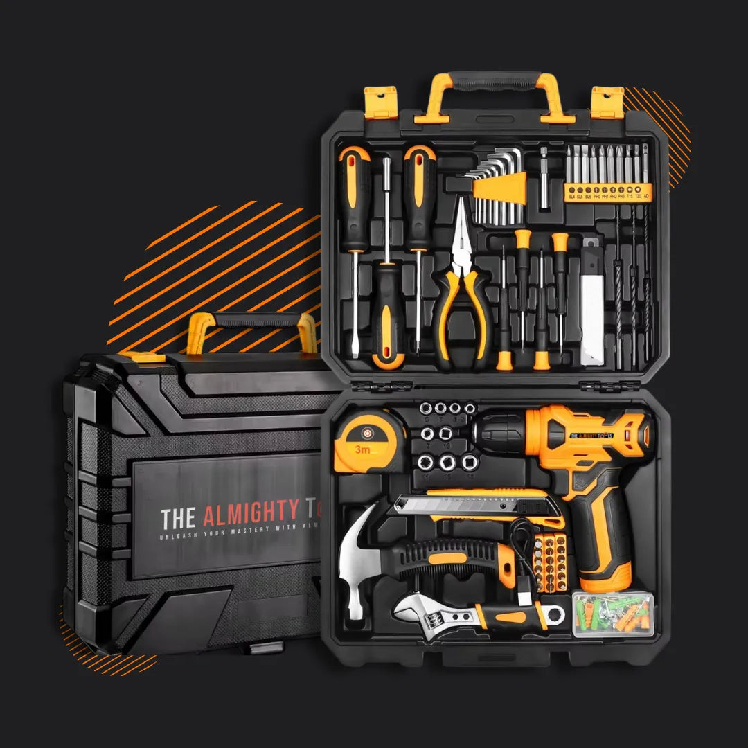 Almighty Fixer tool kit open with drill, hammer, pliers, screwdrivers, and black case