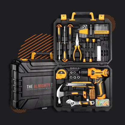 Almighty Fixer tool kit open with drill, hammer, pliers, screwdrivers, and black case