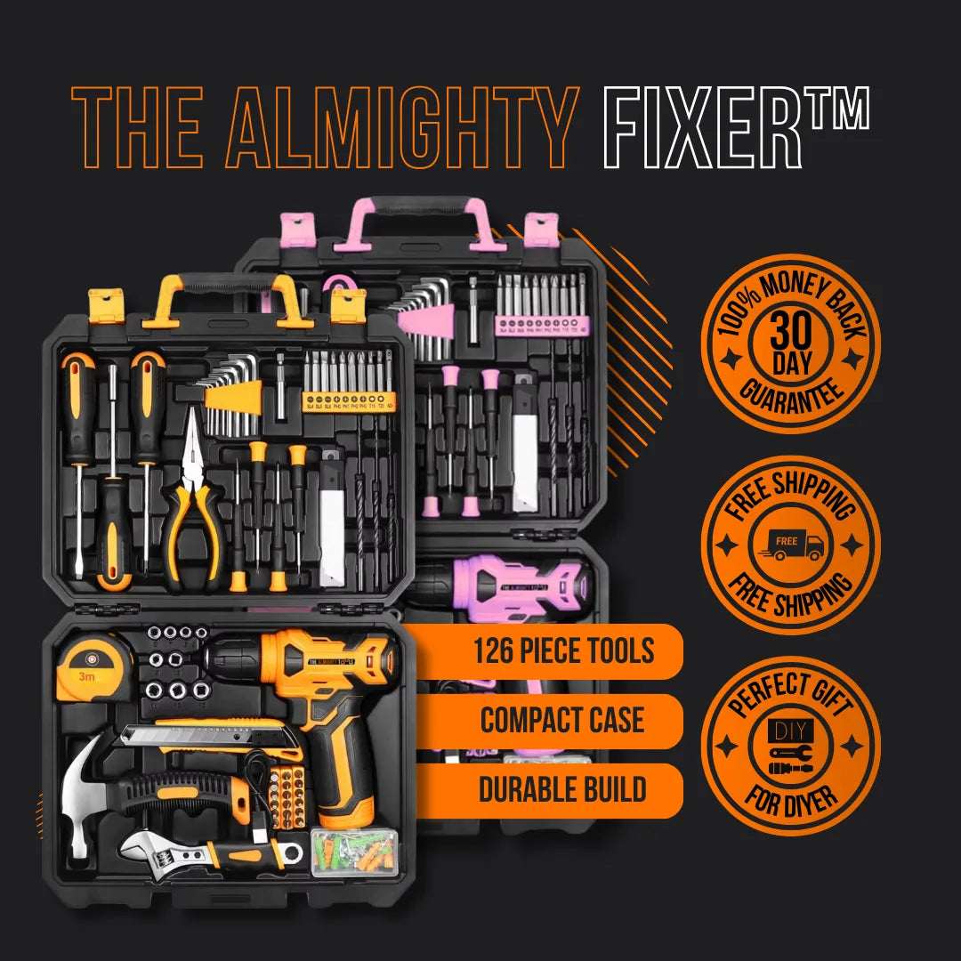 The Almighty Fixer tool kit with 126-piece tools in compact black and orange and pink cases.