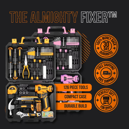 The Almighty Fixer tool kit with 126-piece tools in compact black and orange and pink cases.