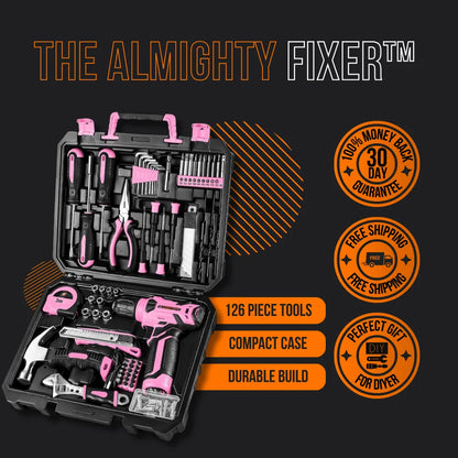 126 piece pink tool kit with case, drill, hand tools, and repair accessories on black background