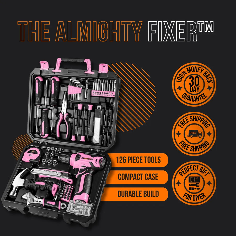 126 piece pink tool kit with case, drill, hand tools, and repair accessories on black background