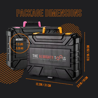 Black Almighty Tools case with pink and yellow handles, package dimensions and weight listed