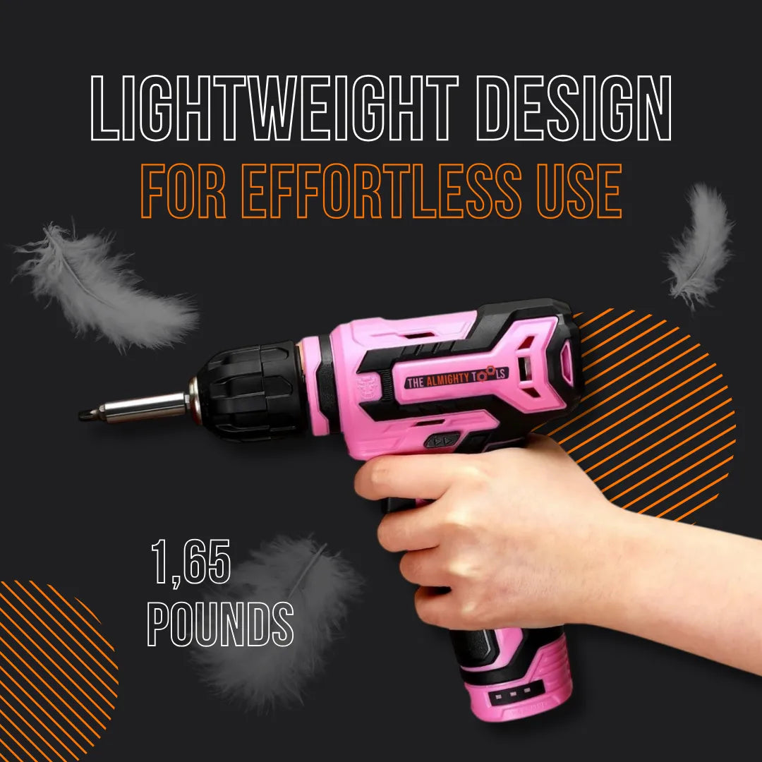 Hand holding pink cordless drill, lightweight 1.65 pounds, The Almighty Tools branding