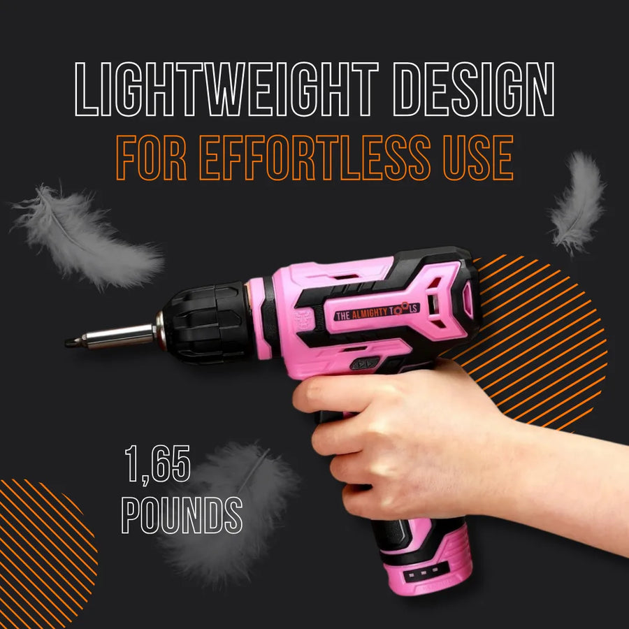 Hand holding pink cordless drill, lightweight 1.65 pounds, The Almighty Tools branding