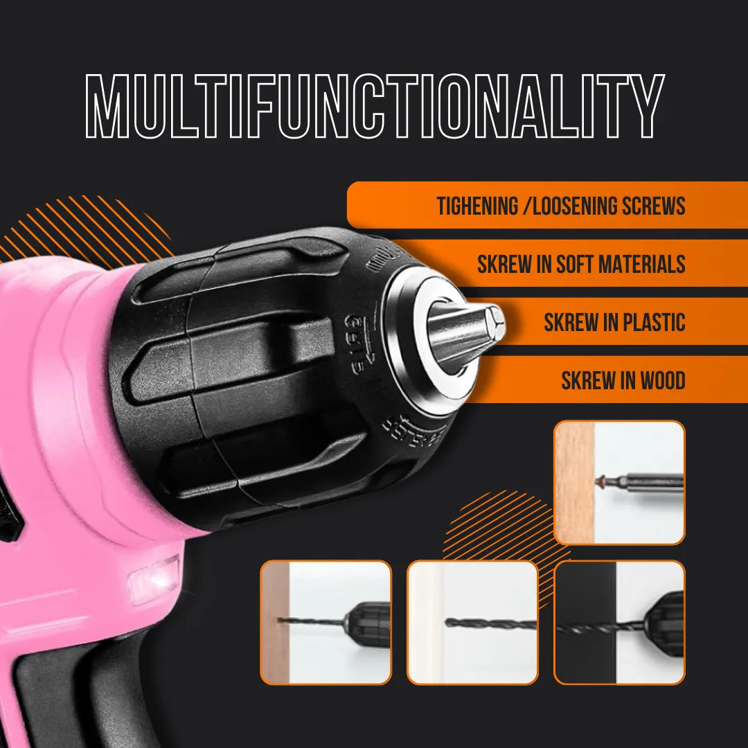 Pink cordless drill showing multifunctionality for screws and drilling in wood, plastic, soft materials.