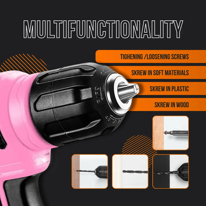 Pink cordless drill showing multifunctionality for screws and drilling in wood, plastic, soft materials.