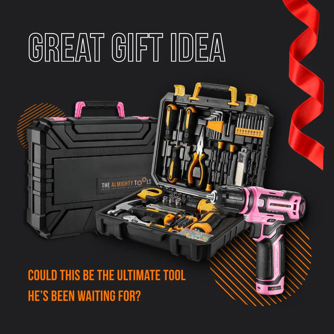 Almighty Tools black and yellow tool kit with pink cordless drill, great gift idea