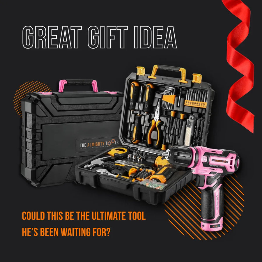 Almighty Tools black and yellow tool kit with pink cordless drill, great gift idea