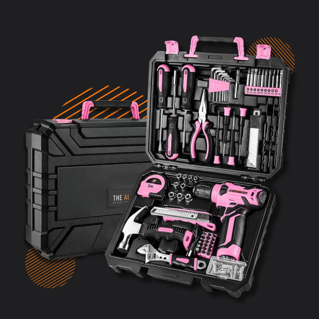 Pink and black cordless drill tool kit set in open hard case against black background