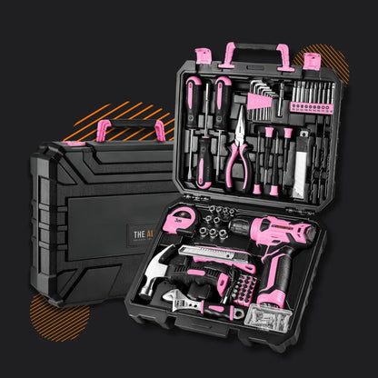 Pink and black cordless drill tool kit set in open hard case against black background
