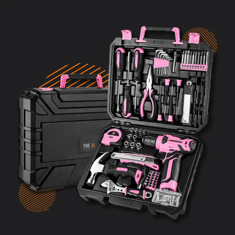 Pink and black cordless drill tool kit set in open hard case against black background