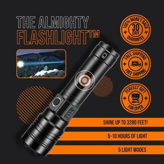 The Almighty Flashlight with long beam, LED display, and promotional features on black background