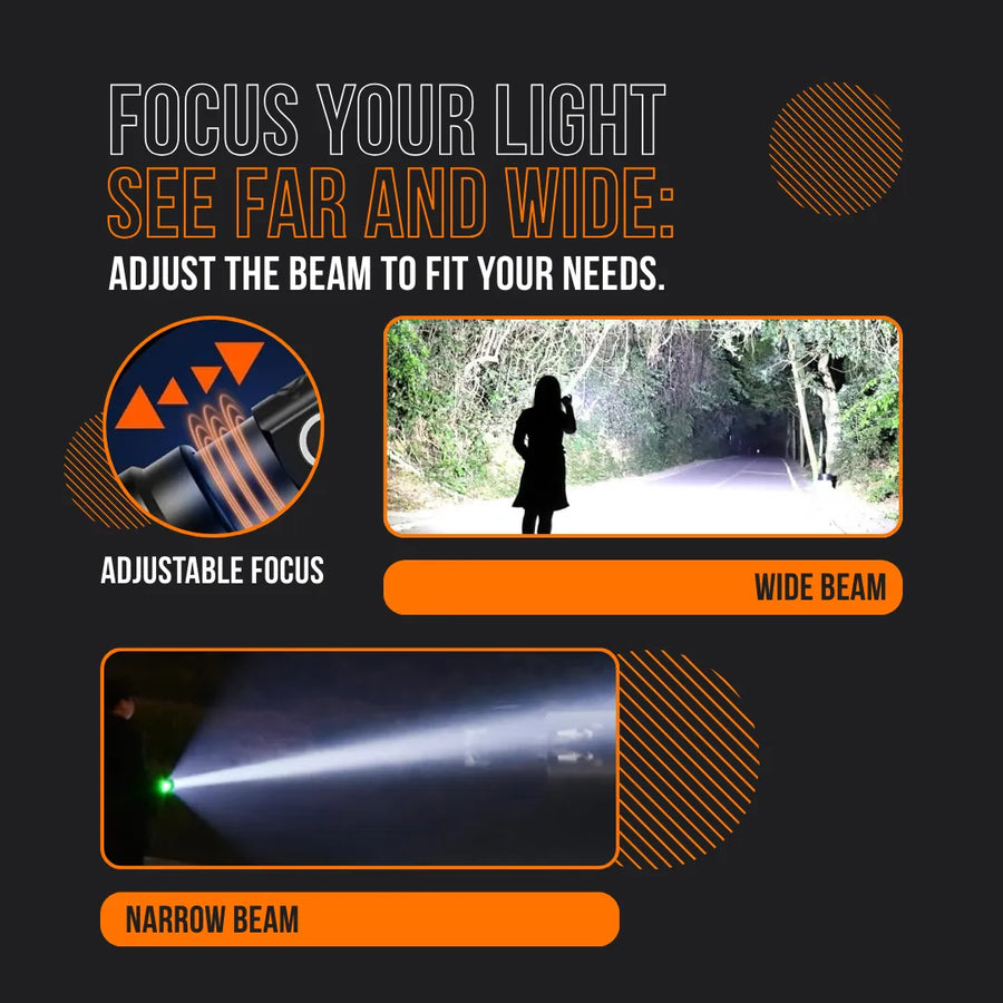 Demonstration of flashlight adjustable focus showing wide beam and narrow beam in outdoor settings.