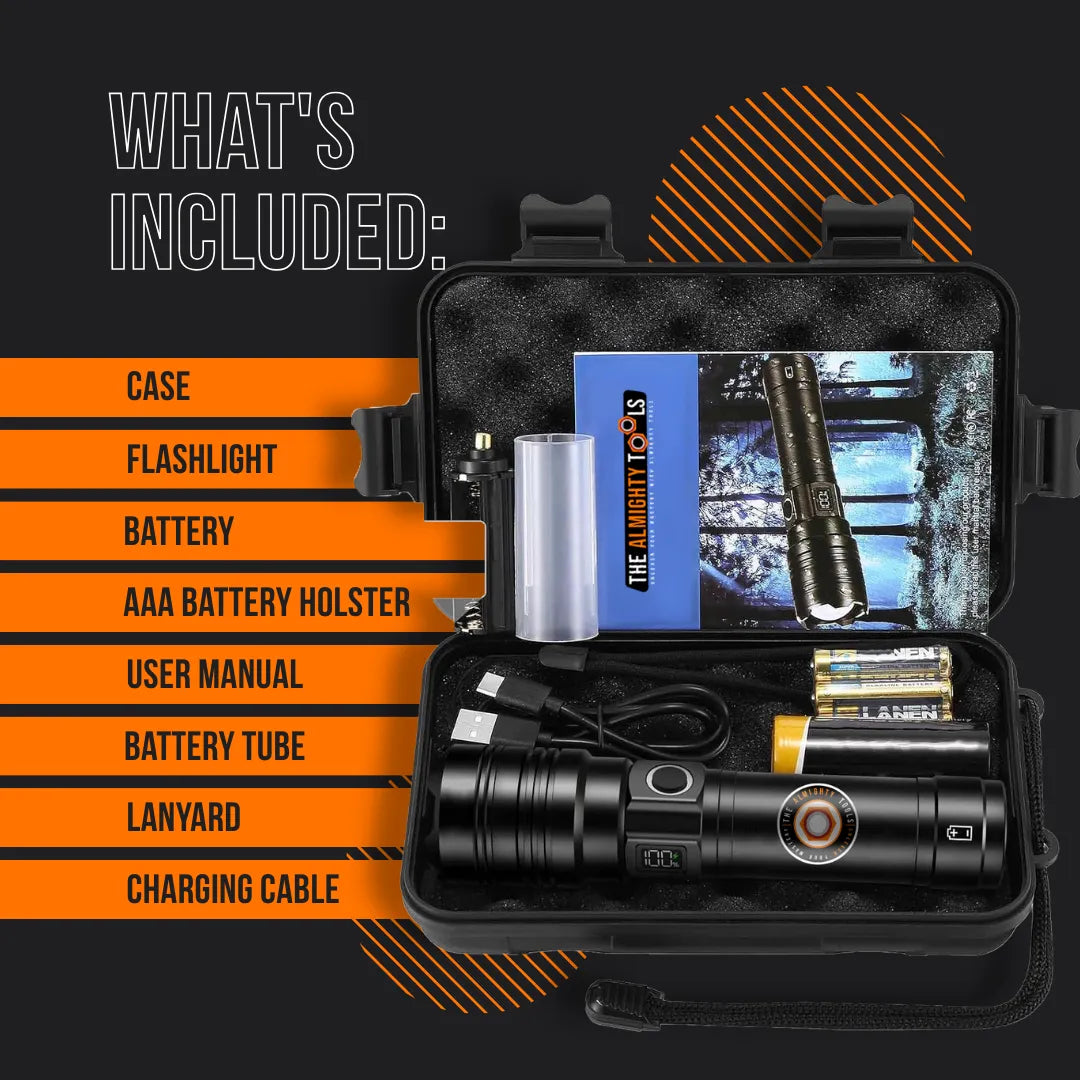 Almighty Tools flashlight kit with case, batteries, charger, manual, and accessories included
