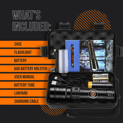 Almighty Tools flashlight kit with case, batteries, charger, manual, and accessories included