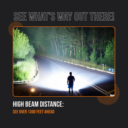 Man using powerful flashlight with high beam distance on rural road at night, trees visible ahead