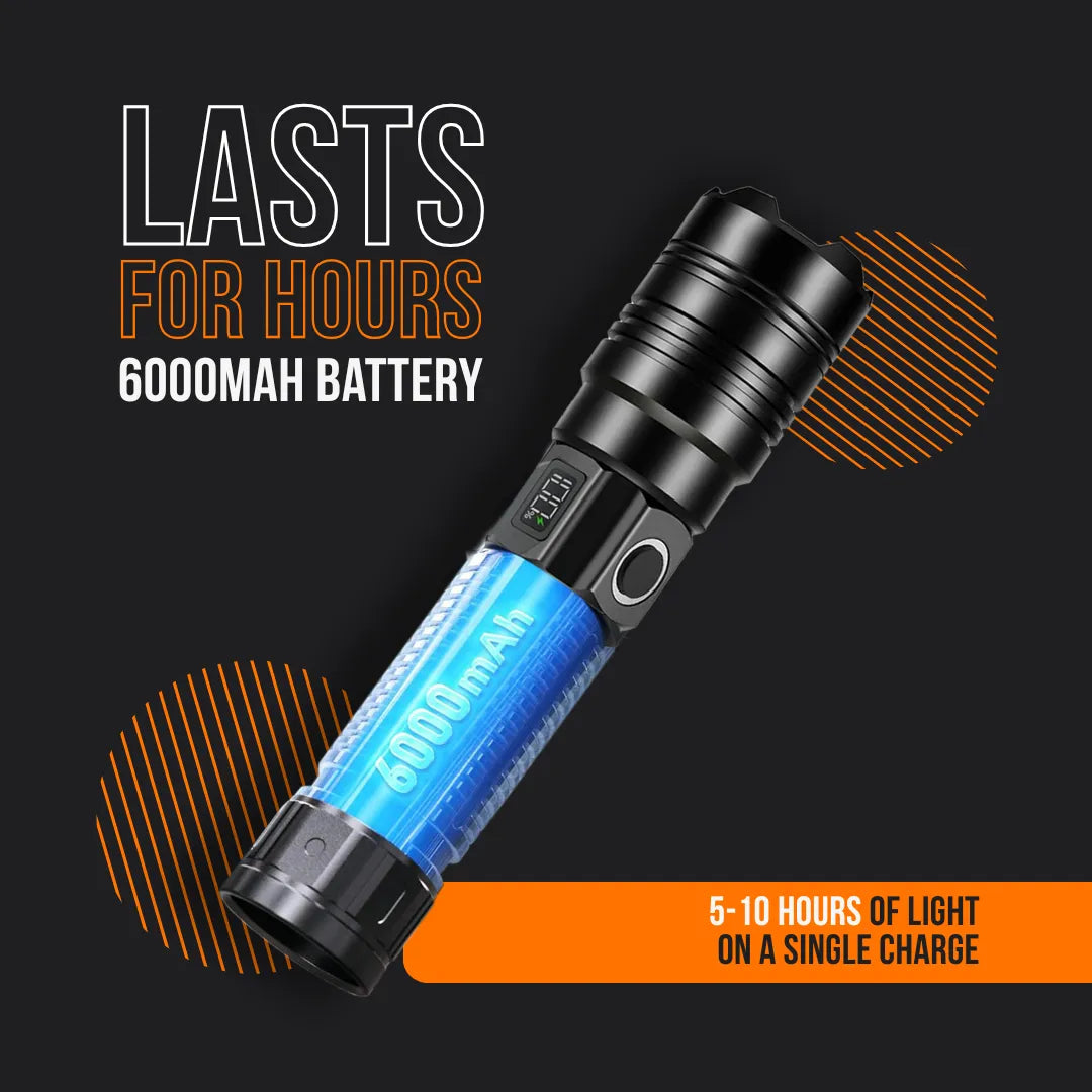Black flashlight with 6000mAh battery, text highlights lasting 5-10 hours per charge.