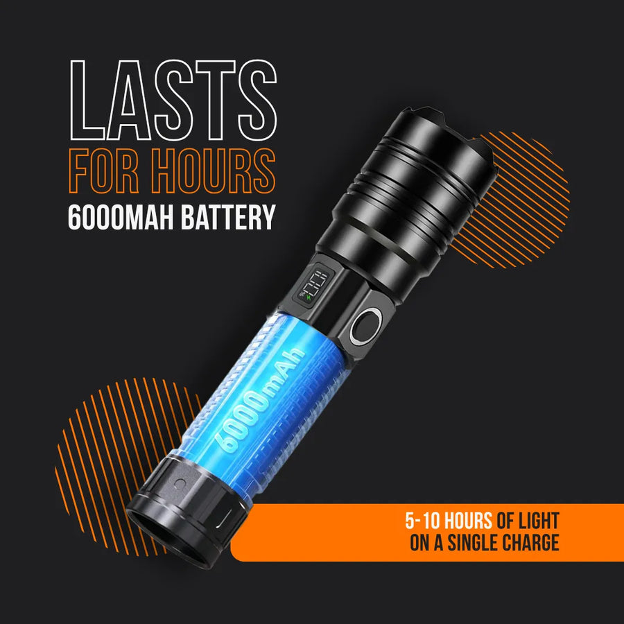 Black flashlight with 6000mAh battery, text highlights lasting 5-10 hours per charge.