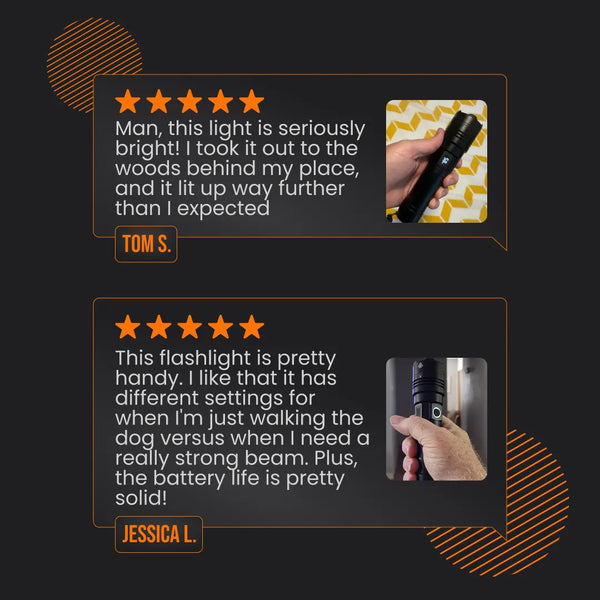 Customer reviews for powerful LED flashlight, with close-up images of flashlight in hand.