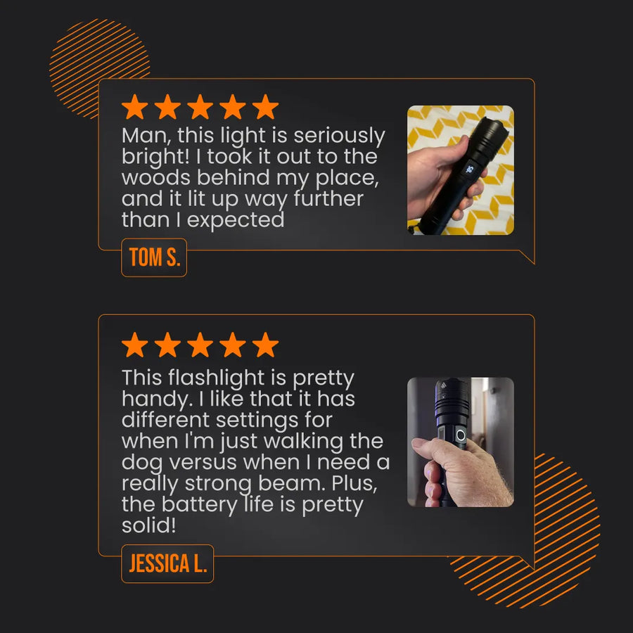 Customer reviews for powerful LED flashlight, with close-up images of flashlight in hand.