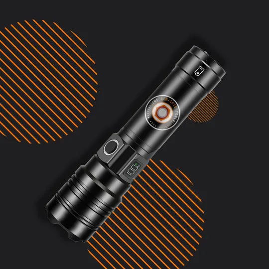 Black LED tactical flashlight with digital display on a dark background with orange stripes