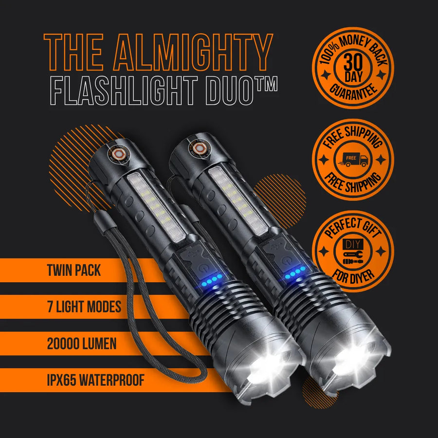 The Almighty Flashlight Duo twin pack, waterproof LED flashlights, 20000 lumen, 7 modes