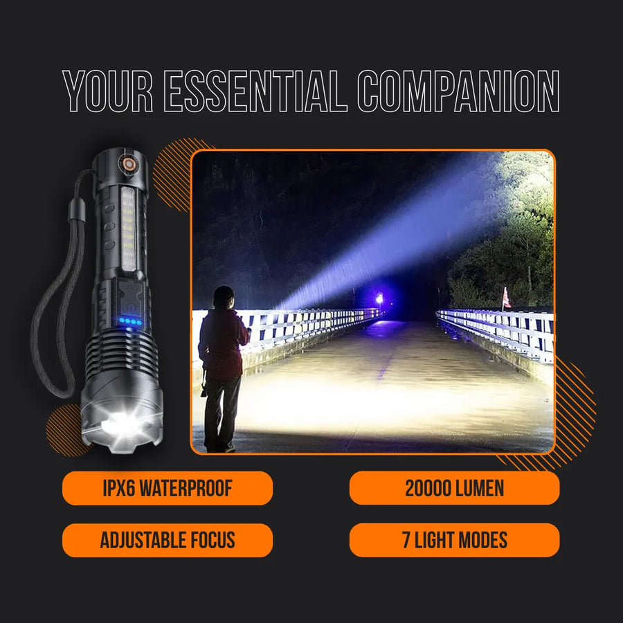 Powerful LED flashlight lighting up a dark bridge, featuring waterproof, 20000 lumen, adjustable focus, and 7 light modes