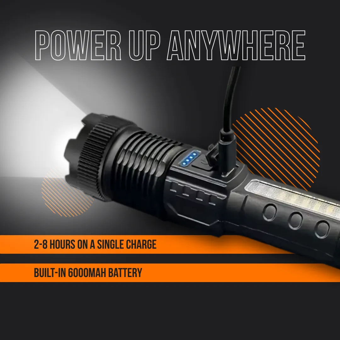 Rechargeable black LED flashlight with charging cable, built-in 6000mAh battery, power indicator