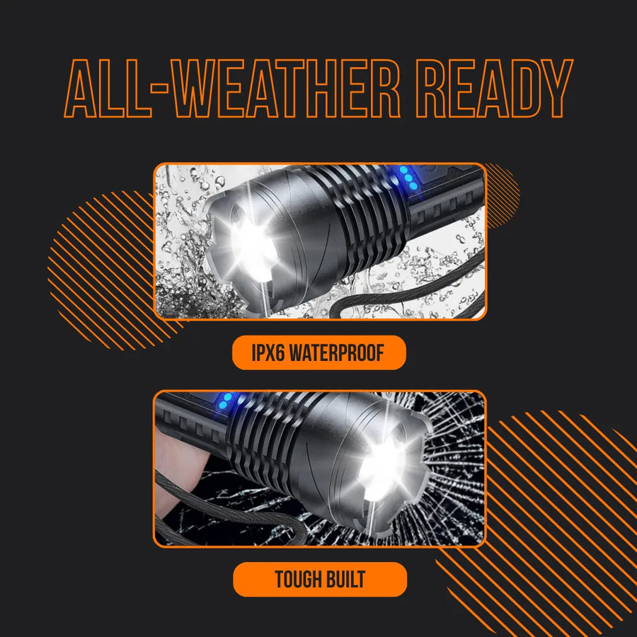 All-weather ready flashlight, IPX6 waterproof and tough built, shown with water splash and impact