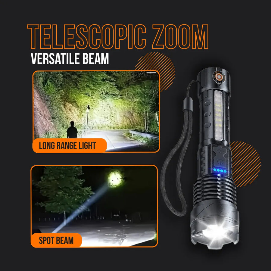 Telescopic zoom flashlight with versatile beam, long range and spot beam modes shown