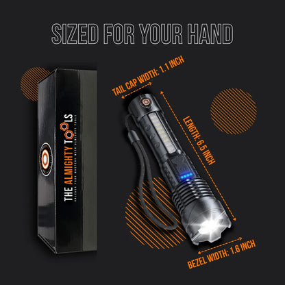 LED tactical flashlight with wrist strap, The Almighty Tools box, size measurements shown