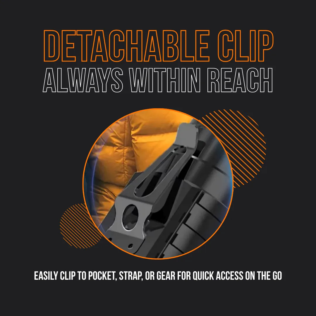 Close-up of black flashlight with detachable clip on orange jacket, portable gear accessory