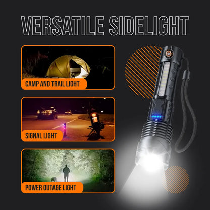 Versatile LED flashlight for camping, signaling, and power outage with side light feature.