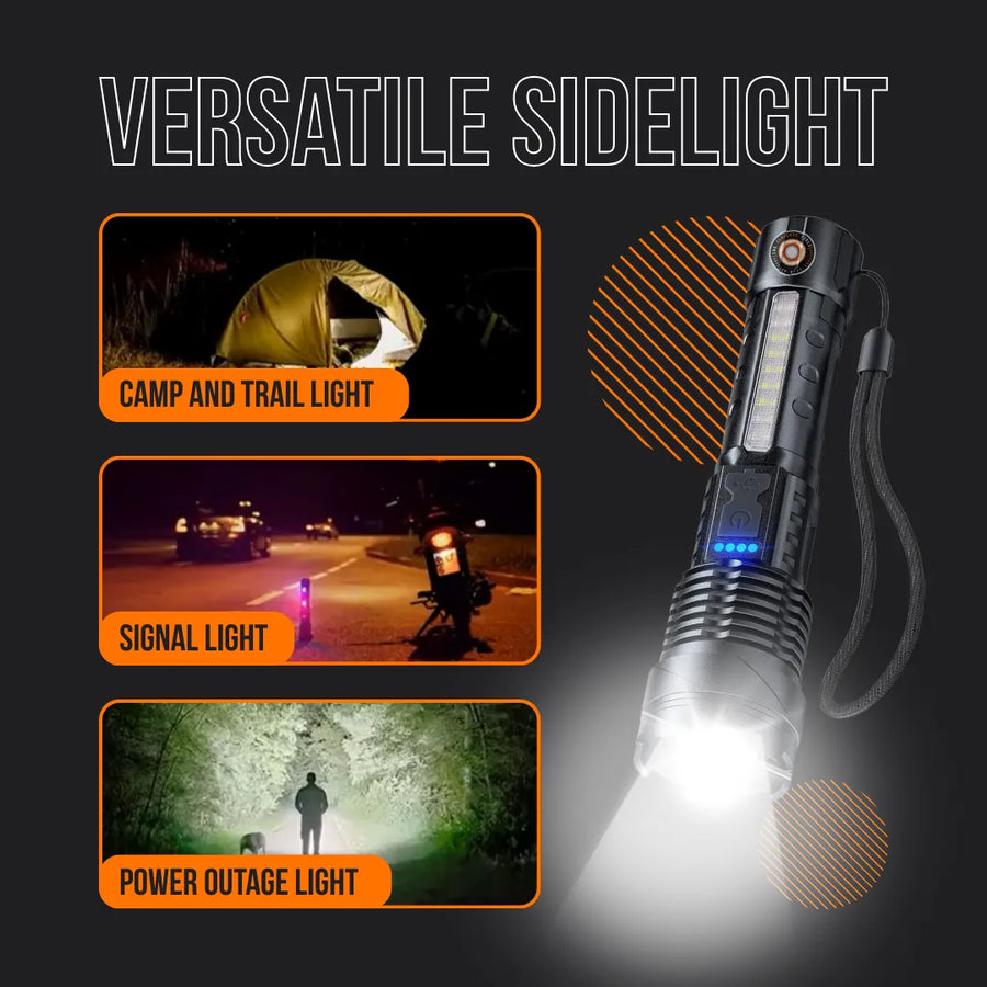 Versatile LED flashlight for camping, signaling, and power outage with side light feature.