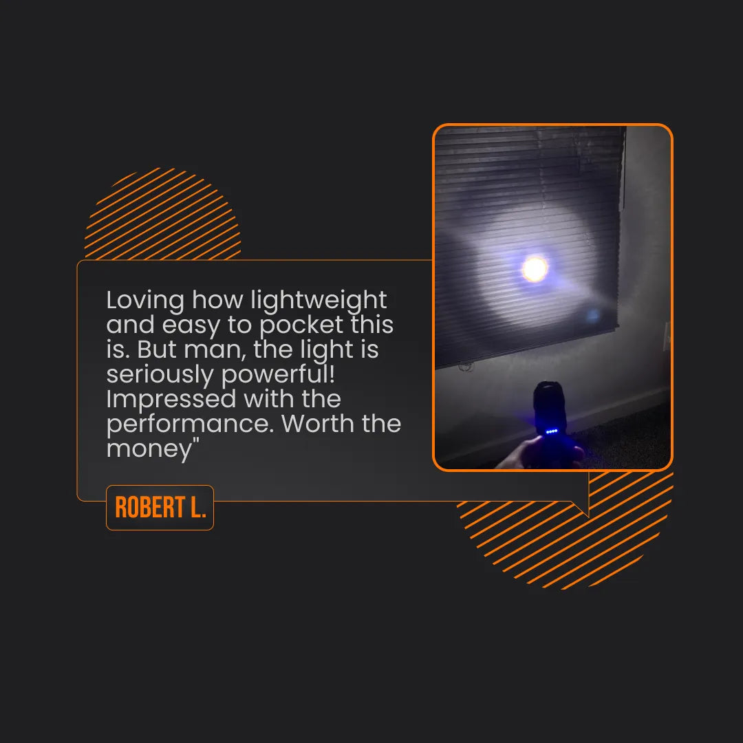 Powerful LED flashlight beam review, user holding flashlight in a dark room, testimonial quote.