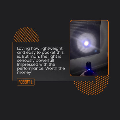 Powerful LED flashlight beam review, user holding flashlight in a dark room, testimonial quote.