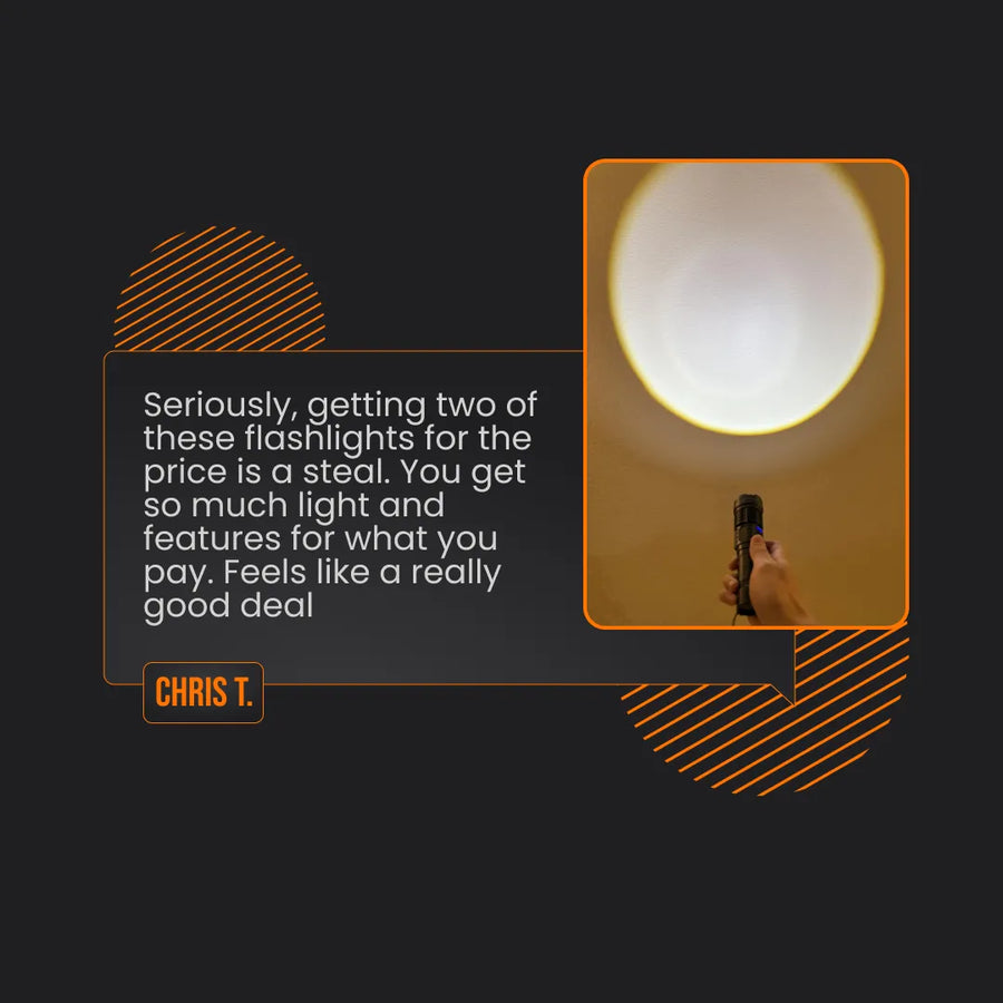 Hand holding powerful flashlight projecting bright beam on wall, customer testimonial overlay