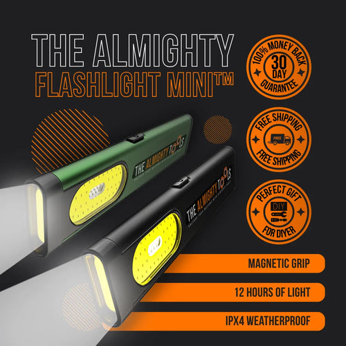 The Almighty Flashlight Mini in green and black with LED light, magnetic grip, 12-hour battery, IPX4 weatherproof.