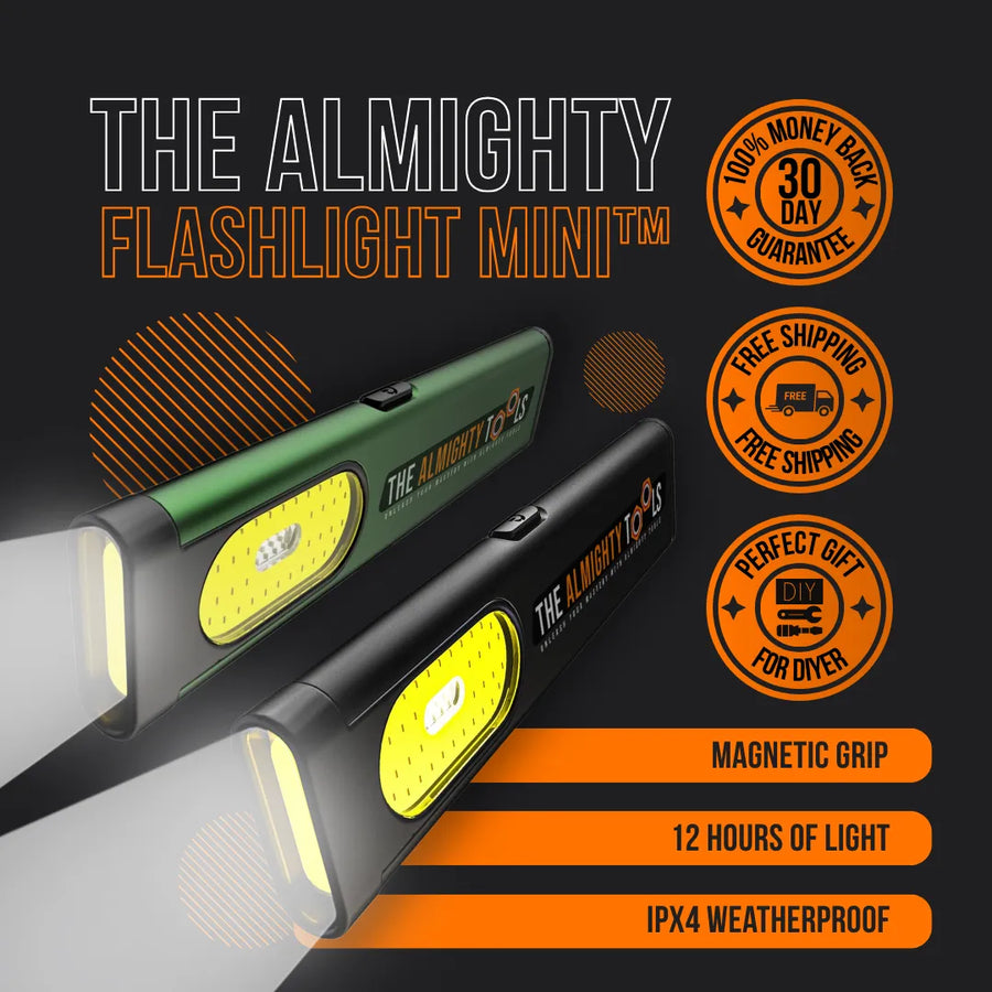 The Almighty Flashlight Mini in green and black with LED light, magnetic grip, 12-hour battery, IPX4 weatherproof.