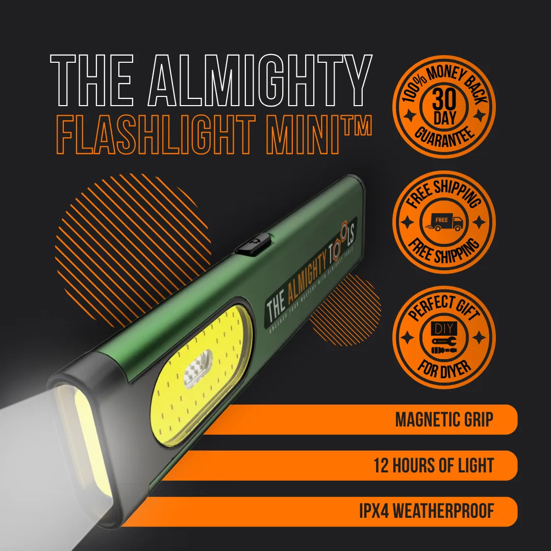 The Almighty Tools Flashlight Mini in green, magnetic grip, weatherproof, 12 hours of light