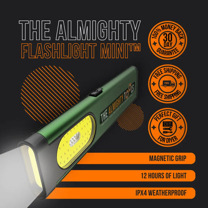 The Almighty Tools Flashlight Mini in green, magnetic grip, weatherproof, 12 hours of light