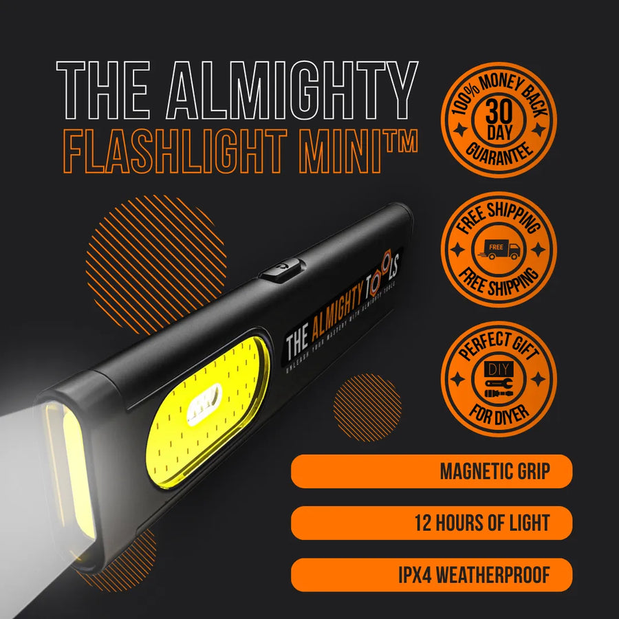 The Almighty Flashlight Mini, black LED flashlight with magnetic grip, 12 hour battery, IPX4 weatherproof, and promotional guarantee icons.